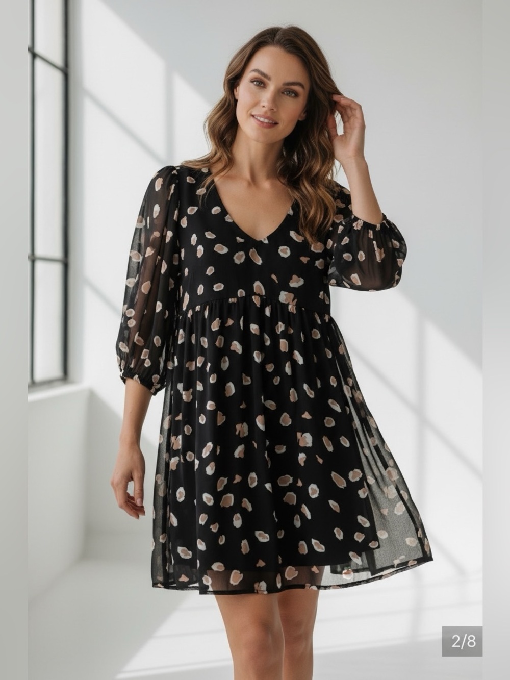 Umgee Women’s Black & Tan Animal Print Bubble Sleeve Babydoll Dress